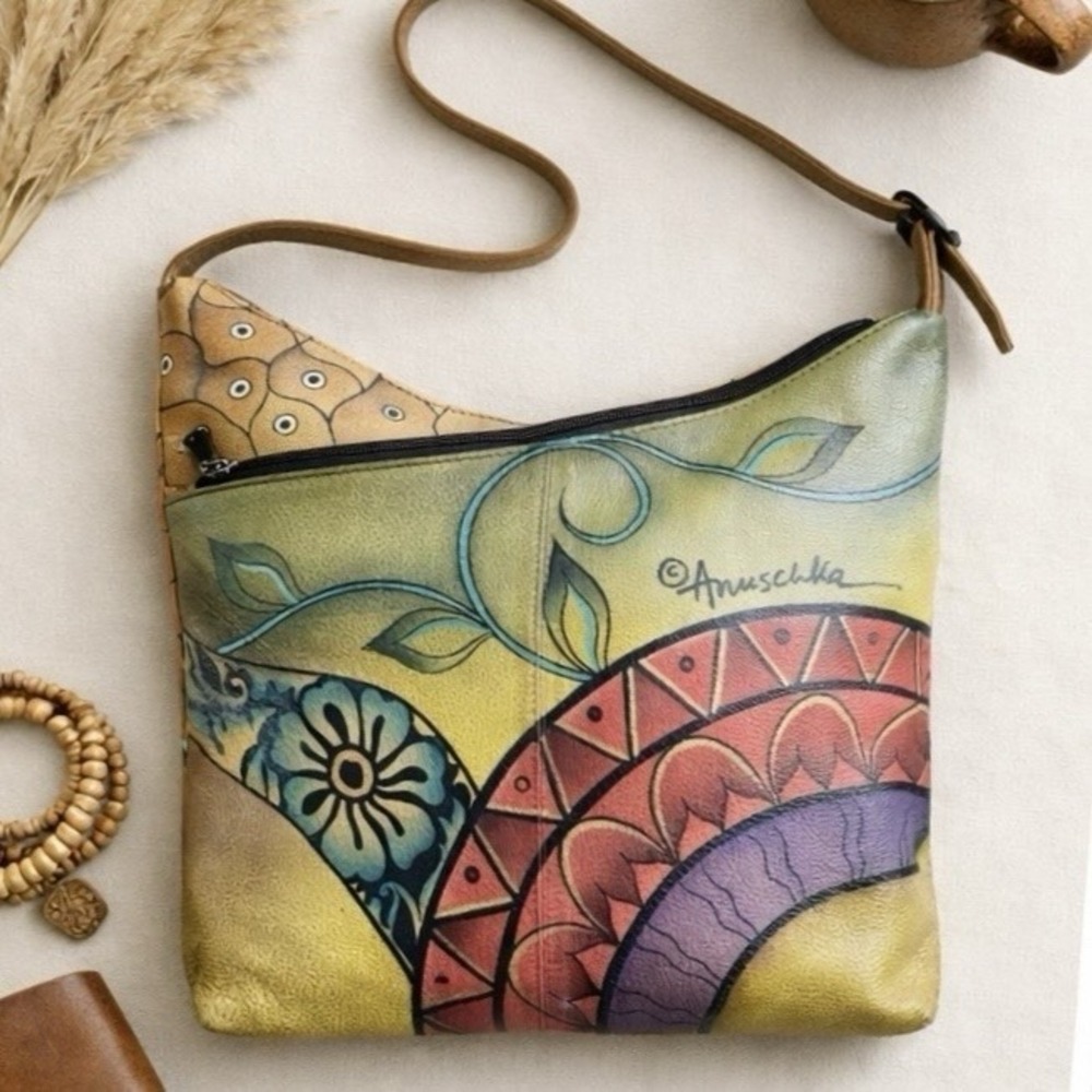 Anuschka Hand Painted Leather Crossbody Shoulder Purse Floral Mandala Art Bag